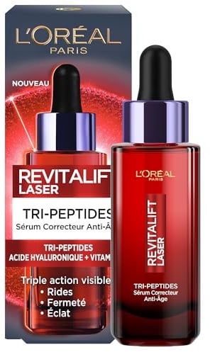 L'Oréal Paris - Sérum Correcteur Visage Anti-Âge - Soin Anti-Âge Triple Action - À l'Acide Hyaluronique, Peptides & Vitamine C - Tous Types de Peau - Revitalift Laser X3-30 ml