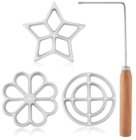 4 Pieces Rosette Iron Set(Handle+Flower+Star+Hollow Round shape), Bunuelos Mold with Handle, Lotus Flower Bunuelos Cookie Press Mold, Funnel Cake Maker Kit(COLOR:Silver)