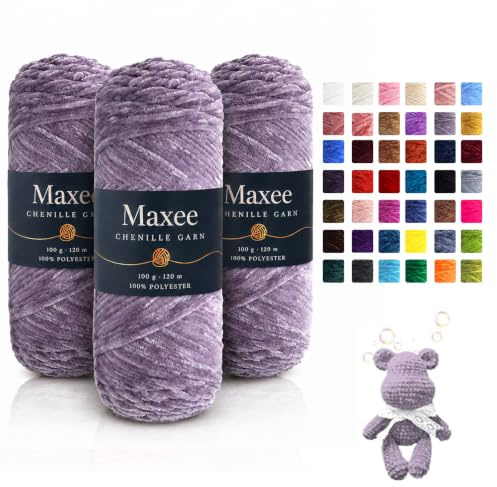 Maxee Chenille Wolle zum Häkeln,300g weiches Häkelgarn,11‑Pudergrau | Weiche Wolle zum Häkeln und Stricken aus 100 % Polyester; samtiges Chenille Garn für Amigurumi, Decken, Schals und Kissen