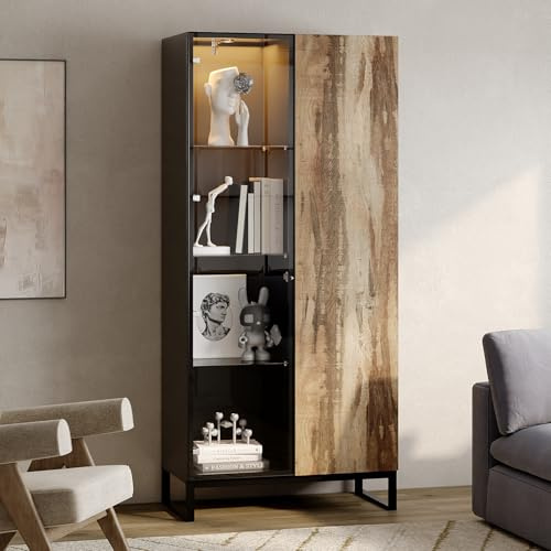 DEZAGCE LED-Vitrine, mehrfarbig, 80 × 41 × 175 cm, Schwarz und Holz | Mehrfarbige LEDs - Push-to-Open Türen - Gehärtetes Glas - Struktur PB/MDF - Metallfüße