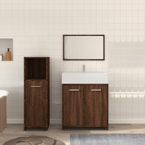 Ziaphsol 3-TLG. Badmöbel-Set Braun Eichen-Optik, Holzwerkstoff, Waschbeckenunterschrank, Midischrank, Spiegel, Feuchtigkeitsbeständig, Stilvolles Badezimmer-Set