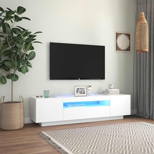 Meuble TV Blanc Moderne avec Lumières LED RGB Amovibles, Meuble Télévision 160 cm pour Salon et Salle de Jeux, Rangement pour Console PS5 Xbox et Décodeur, Assemblage Facile