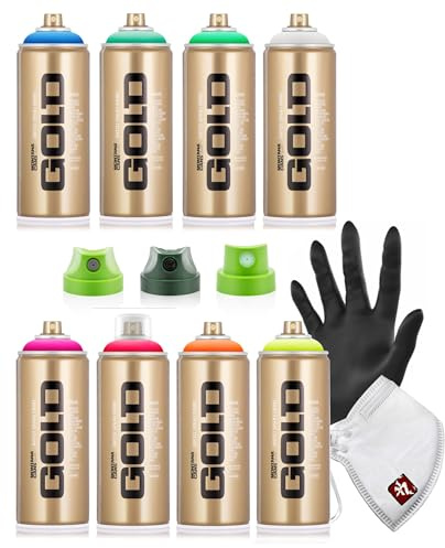 Montana GOLD PRO - Juego de botes de aerosol (400 ml, 8 colores, verde neón, rosa, naranja, azul, rojo, amarillo, cian, blanco, incluye 3 cabezales de pulverización, máscara protectora y guante de
