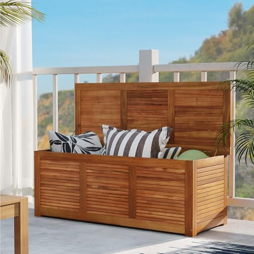 DREAMADE 47 Gallon Acacia Wood Deck Box, Patio Storage Bench with Large Capacity, Supports 355 lbs, Outdoor Storage Box for Garden Backyard Patio Porch Seating, Natural