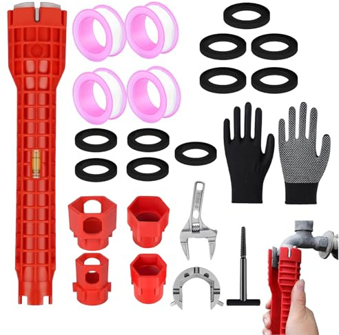 Tap Spanner Set with 14-in-1 Basin Wrench, Adjustable Spanner, PTFE Tape & Washers – Plumbing Wrench Kit for Faucet, Sink & Valve Installation – Ideal for Kitchen, Bathroom, and Toilet Use