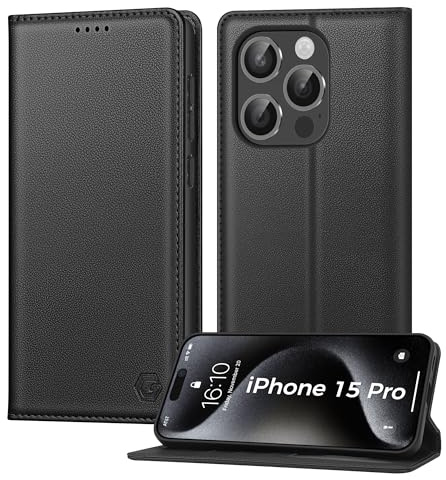 Kirnntca Handyhülle für iPhone 15 Pro Hülle, Kartenfach Premium PU Leder Klapphülle Schutzhülle, Standfunktion Tasche Flip Case für iPhone 15 Pro - Schwarz