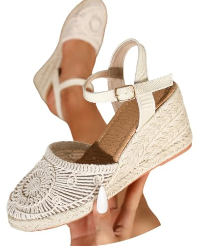 duaicnvow Alpargatas Mujer Verano Sandalias Con Cuñas Esparto,Cerradas Zapatos Mujer Comodos Vestir Retro Elegantes Sandalia Bohemias Flexibles Moda Sandalias Plataforma Ligera Primavera Verano