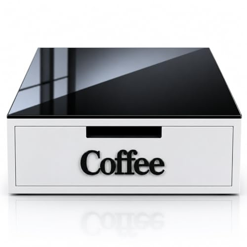 Porta Capsule con Cassetto e 3 Scomparti, Organizer Coffee Station con Top in Vetro, Portacialde da Appoggio, Contenitore Capsule per Angolo Caffè 30x30x10 cm (Nero)