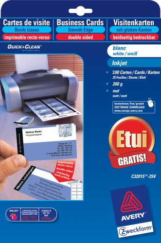 Avery Zweckform Inkjet Visitenkarten inkl Etui matt weiß 85x54mm 25 Blatt 260g