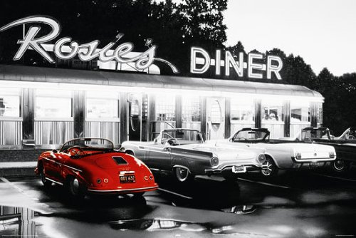 Laminiertes verkapselter Rosie 's Diner rot Porsche American Cars Poster Maßnahmen 91,4 x 61 cm (91,5 x 61 cm)