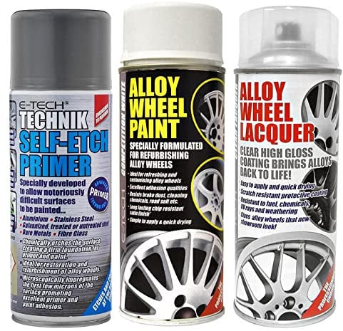 E-TECH Professional WHITE Car Alloy Wheel Spray Paint & High Gloss Clear Lacquer & Self Etch Primer Spray Can Refurbishment Pack