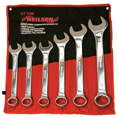 Neilsen CT1746 6pc Combination Spanner Set - Extra Large | Sizes: 33, 36, 38, 41, 46, 50mm | High Carbon Steel | Chrome Plated | Equipped with Wallet | Ideal for Mechanical Applications