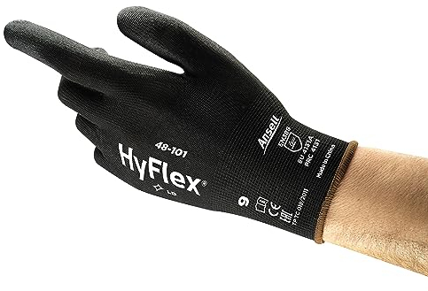 Ansell HyFlex 48-101 PPE Gloves, Lightweight PU Coated Protective Gloves, Durable Safety Gloves with Enhanced Tactility, Black Nylon Liner, Work Gloves Medium for Precision Handling, 12 Pairs