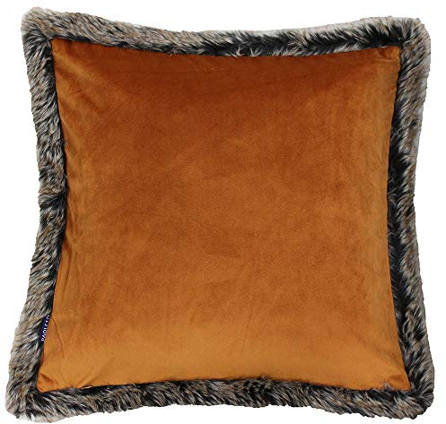 Riva Paoletti Kiruna Square Feather Filled Cushion - Rust Orange Velvet Look and Feel - Faux Fur Edging - Reversible - Hidden Zip Closure - 100% Polyester Case - 45 x 45cm (18 x 18 inches)