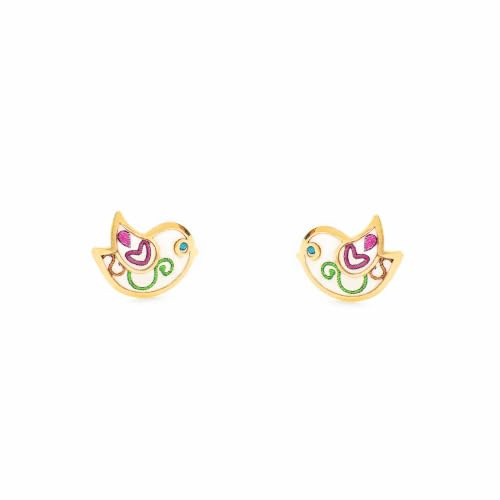 Damen & Kinder Emaille Vogel Ohrstecker - Gelbgold 9 Karat (375) - Geschenkbox - Garantiezertifikat