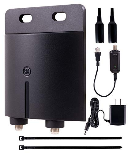 GE Amplificador de antena de TV para exteriores, HD TV digital VHF UHF, bajo ruido, amplificador de señal de antena, conexiones coaxiales, accesorios de montaje incluidos, negro, 42179