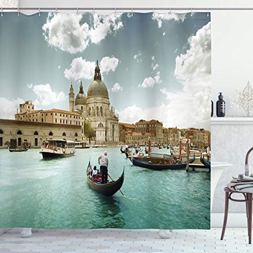 ABAKUHAUS Venedig Duschvorhang, Grand Canal in Luftaufnahme, Stoffliches Gewebe Badezimmerdekorationsset mit Haken, 175 x 180 cm, Türkisblaugrau Beige