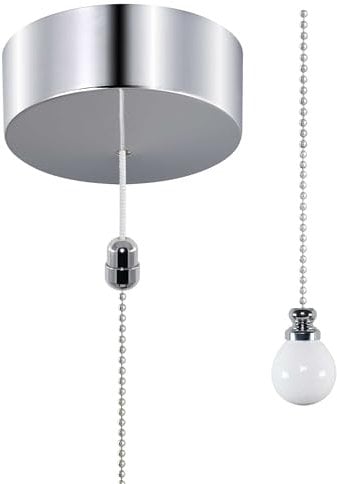 ElekTek UK Safety Approved Chrome Bathroom Light Pull Switch EN 60669-1 CE Mark, Metal Plated, Earth Terminal, Extension Chain + White Ceramic Ball Fob Handle, 6A 250V, 1 or 2 Way, Wiring Instructions