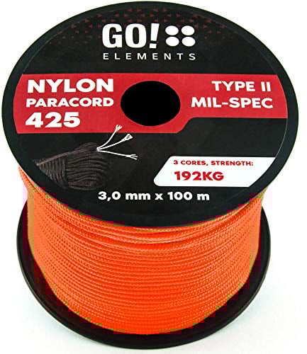 GO!elements 100m Paracord Seil aus reißfestem Nylon - 3mm Paracord 425 Typ II max. 192kg - Schnüre als Outdoor Seil, Allzweckseil, Survival Seil, Armband, Hundeleine, Nylonschnur, Farbe: Orange