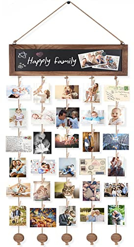 Bikoney Picture Frames Collage Photo Hanging Display Picture Board Wood Rustic Frames for Wall Decor and Dorm Room Decor with Blackboard and 30 Clips Carbonized Black