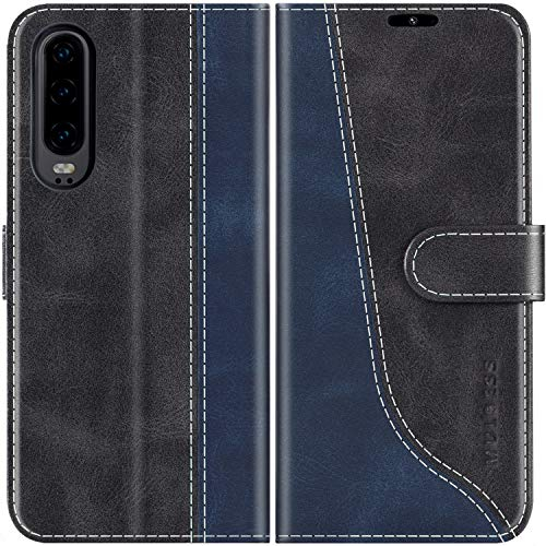 Mulbess für Huawei P30 Hülle, Handyülle Leder mit Kartenfach, Klapphülle mit Magnetverschluss, Flip Case Etui Handytasche Schutzhülle, Stilvoll Schwarz