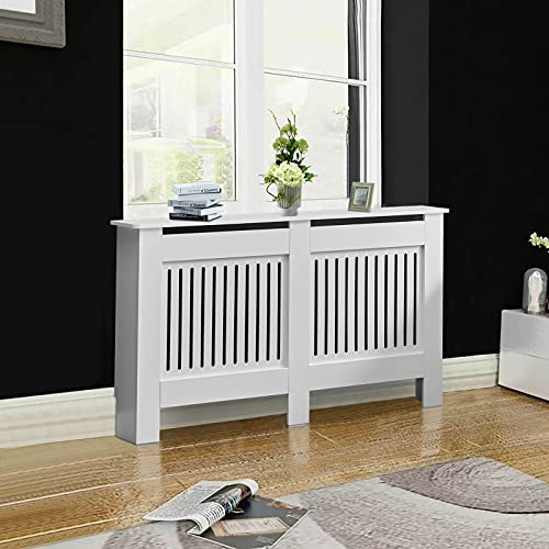 CLIPOP White Radiator Cover Modern Painted Vertical Style Slats MDF Living Room Cabinet, Radiator Shelve for Living Room Bedroom Furniture (Large)