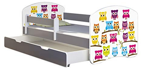 ACMA Kinderbett Jugendbett mit Einer Schublade und Matratze Grau mit Rausfallschutz Lattenrost II (31 Eule, 160x80 + Bettkasten)