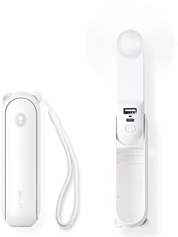 JISULIFE Mini ventilateur portatif, ventilateur à main 3 en 1, ventilateur de poche rechargeable, ventilateur à piles [12-19 heures de travail] avec batterie externe, fonction lampe de poche-blanc