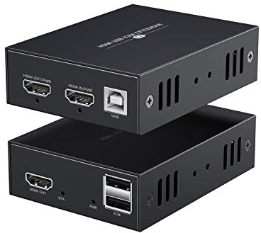 PWAYTEK Extendeur KVM HDMI 1080P 60Hz - Kit Émetteur/Récepteur sur Câble RJ45 Cat5/5e/6/7 (50m Max) - Clavier/Sourche USB, Plug & Play