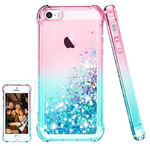 Pilaru for iPhone SE 2016 & 5 / 5S Case Clear Liquid Heart Lovely Glitter Soft TPU Cover Transparent Girly Protective Phone Case for iPhone SE (1rd Gen) 4.0-inch,Pink/Teal