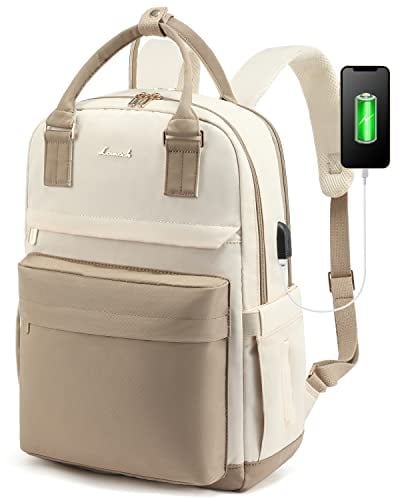 LOVEVOOK Rucksack Damen, 15,6 Zoll Laptop Schulrucksack Mädchen Teenager mit Laptopfach, Wasserdichter Schultasche Daypack Elegant für Schule Uni Reise Arbeit, Khaki Beige