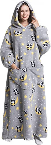 Mulaibdin Oversized Heated Sherpa Fleece Hoodie for Women & Men, Wearable Blanket with Panda Pattern (Grey)