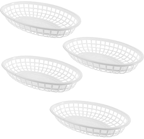 Luxshiny 4pcs Oval Fast Food Baskets, Plastic Fried Food Storage Baskets Restaurant Serving Trays White Bread Basket for Hot Dogs Burgers Sandwiches Bread