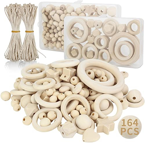 Holzperlen Holzringe Set 164 Stück, Holzperlen zum auffädeln Natur, Holzkugeln mit Loch und Holzringe zum Basteln DIY Makramee, Runde Holz Perlen für Schmuck Zubehör