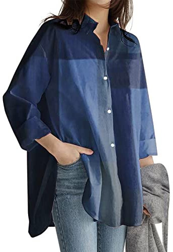 Damen Langarm Top T ShirtV-Ausschnitt Top Langarm Tunika Plaid Print Top Oberteil Damen
