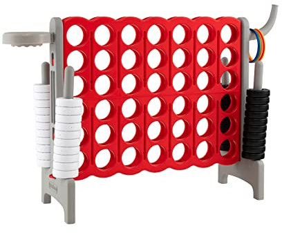 GOPLUS Riesiges 4 Gewinnt Spiel, Strategiespiel mit 42 Ringen, Basketballkorb & Wurfspiel & Schnellspannhebel, 4 in Einer Reihe für Kinder & Erwachsene (Rot + Grau)