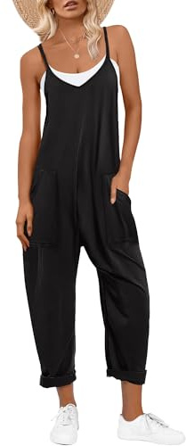 ANRABESS Jumpsuits for Women Casual Summer Overalls Sleeveless Spaghetti Strap Romper Jumpers Trendy Beach Vacation Outfits Black Large