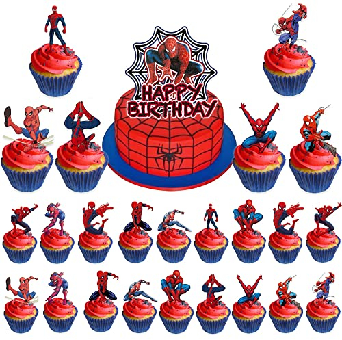 26 Stück Spiderman Tortendeko, Kuchendekoration, Kuchen Toppers Cupcake Toppers für Kinder Party Geburtstag Party Kuchen Dekoration Supplies, Happy Birthday tortenstecker, Thema Party Dekoration