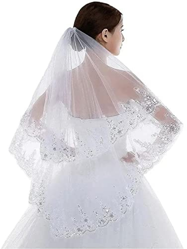 Cyrank Kurzer Schleier Für Damen, 2-stufiger Spitzen-Pailletten-Brautschleier Brautschleier Mit Kamm Für Die Hochzeit(Weiß)