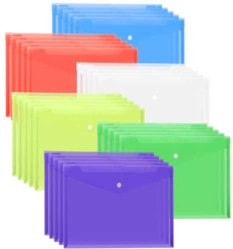 ASelected 30 Stück dokumentenmappe A4 Dokumentenmappe Brieftaschen A4 Knopf Datei Tasche, 6 Farben für Büro Schule Zuhause