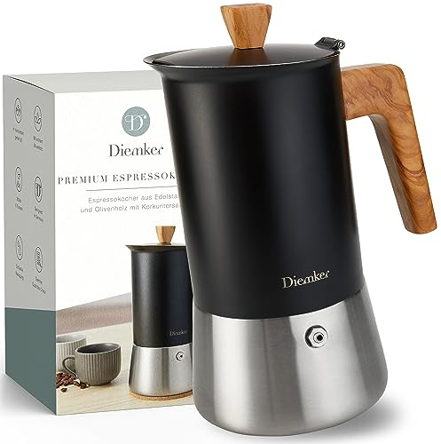 Diemker Caffettiera espresso Premium (300 ml), in acciaio inox e vero legno d'ulivo, con sottovaso, tutti i piani cottura, induzione, moca, caffè italiano,