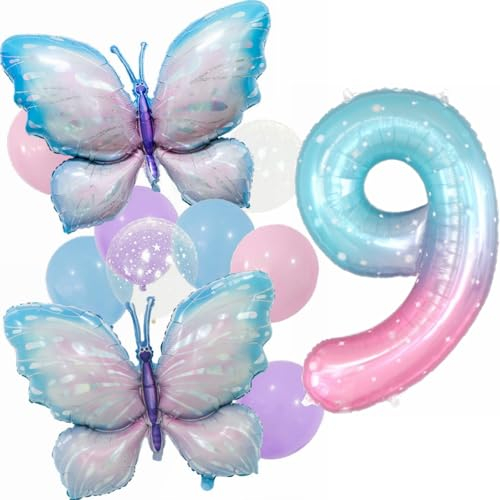 Kiwochy Gradient Pink Schmetterling Ballons 9. Geburtstag Dekoration Mädchen Deko Party Set - Riesige Bunte Folie Ballon für 9 Jahre Schmetterling Party Supplies