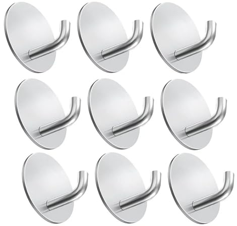 9er Set Handtuchhalter rund ohne bohren für Bad, Toilette & Küche - Mehrzweckhaken [selbstklebend] - Wandmontage | Klebehaken aus Edelstahl | Bademantelhaken | Kleiderhaken in silber zum Kleben