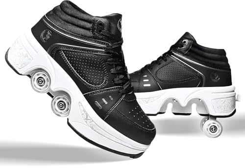 Rollschuhe für Kinder, verstellbare Rollerskates für Mädchen, Quad-Skates-Deformationstrainer für Erwachsene und Anfänger, Turnschuhe mit unsichtbarem Rad für Jungen (schwarzes High-Top, EU 37)