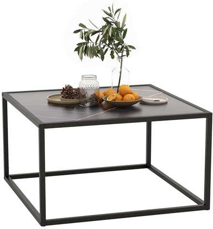 GIANTEX Couchtisch Marmor Optik, Kaffeetisch Teetisch mit Metallrahmen, Wohnzimmertisch Moderner Sofatisch, quadratischer Beistelltisch für Wohnzimmer, 70x70x40 cm (Schwarz)