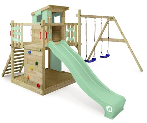 Wickey Aire de Jeux Smart Camp portique en Bois avec balançoire et Toboggan, Tour d'escalade pour Enfants avec bac à Sable, échelle et Accessoires de Jeu pour Le Jardin - Vert Pastel