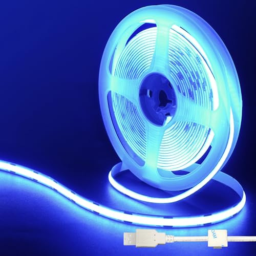 Clearhill 5V USB COB LED Strip Lights, 16.4FT / 5M, Blau, 320LEDs / M, 8mm Breite, Nicht wasserdicht IP20, 1M USB-Kabel, Flexible LED-Bandleuchte für DIY Home Indoor Dekoration