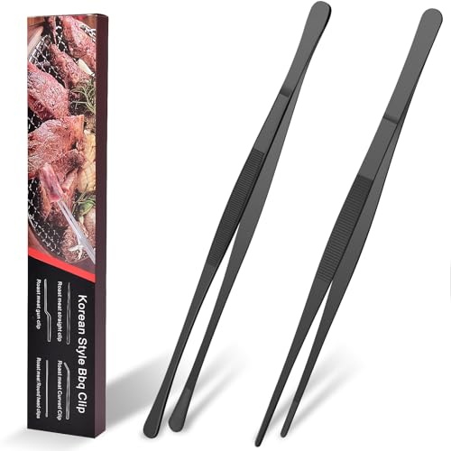 HOTUT Cooking Tweezers Tongs Precision Serrated Tips,2pcs 30cm Kitchen Cooking Tweezers Culinary,Stainless Steel Long Tweezer Tongs,Straight Tweezers Kitchen Tool for BBQ,Plating and Serving (Black)