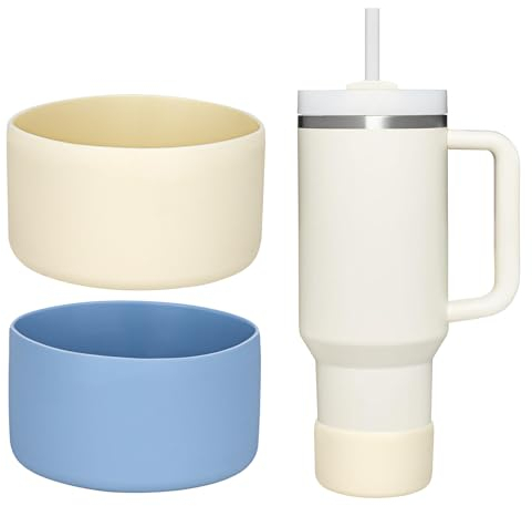 WK IEASON 2 Pcs Tumbler Bottom Protector Flask Silicone Boot for Stanley Quencher Adventure 40oz & Stanley IceFlow 20oz 30oz and Compatible with Hydro Flask Wide Mouth 12oz 21oz 24oz(Blue/Cream)
