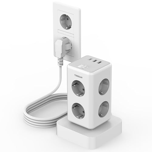 TESSAN 6 Fach Steckdosenleiste mit USB C, 9 in 1 Verteilersteckdose mit Abnehmbare Sockel, Steckdosenwürfel mit Verlängerungskabel 2M, Mehrfachsteckdose mit Schalter, Steckdosenturm für Büro, Grau